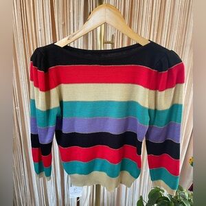 Colorful Striped Knit Sweater red, black, teal, purple, tan, gold crew neck
